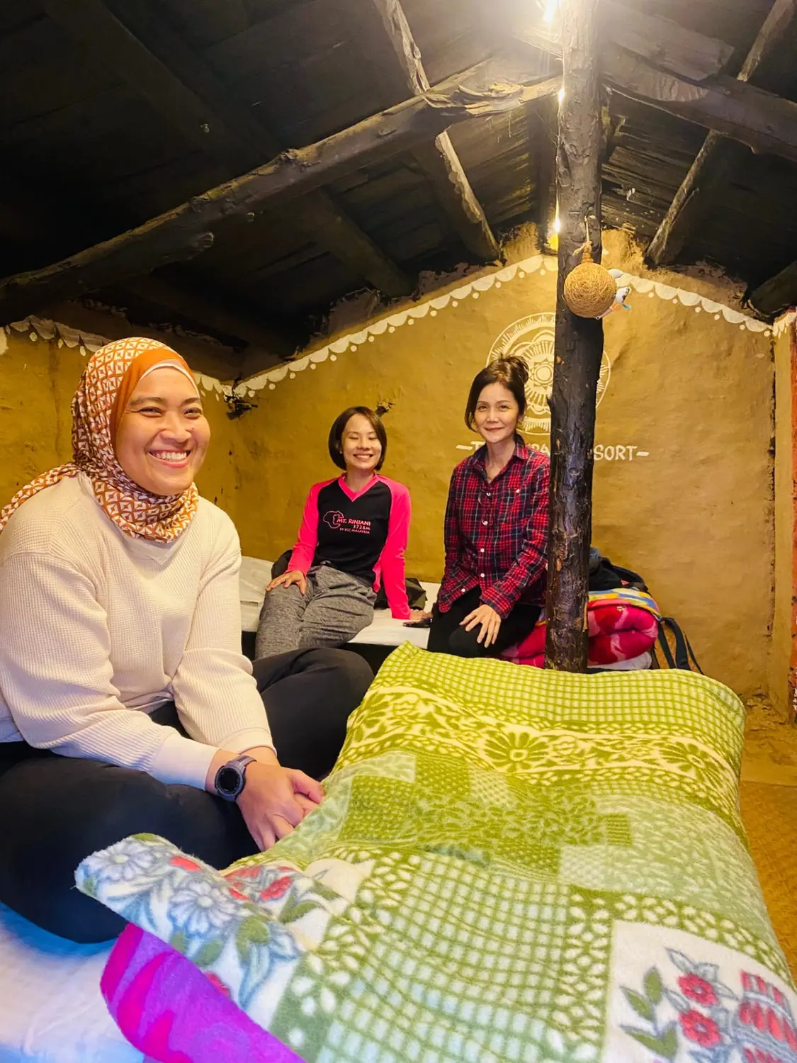 Guests seated inside the mud house room, with mud walls and hand-painted Aipan motifs around the ceiling