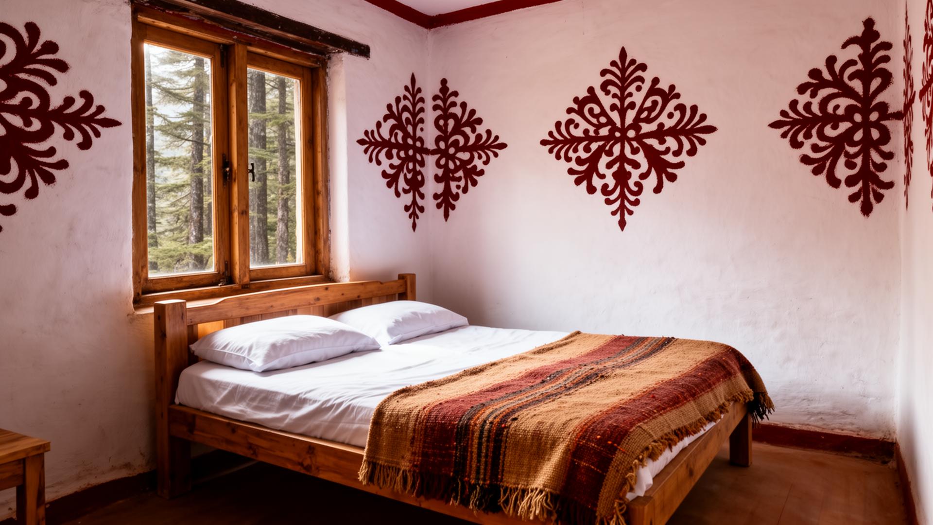 The Aipan Room — Kumaoni Aipan motifs hand-painted in red geru on the bedroom walls