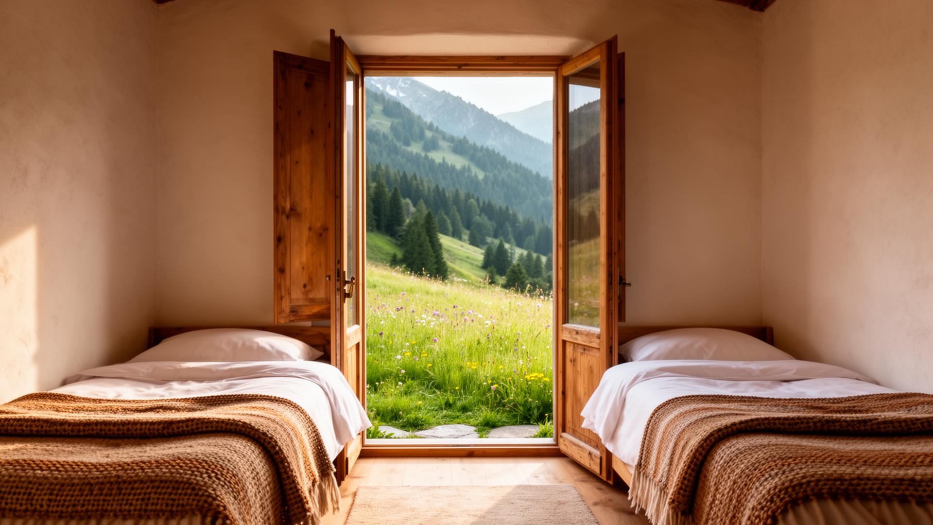 The Meadow Room — twin beds with doors opening directly onto an alpine meadow
