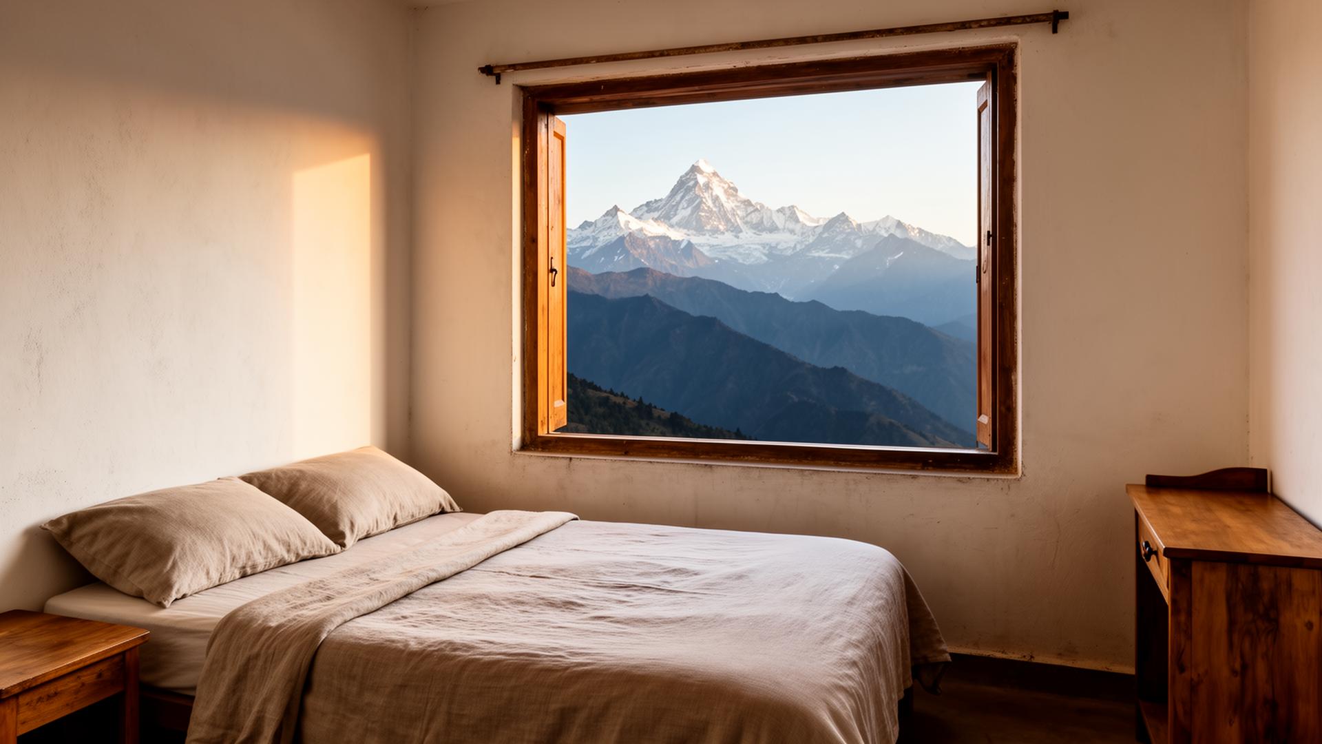 The Valley Room — a wide window framing the snow-capped Kedarnath range